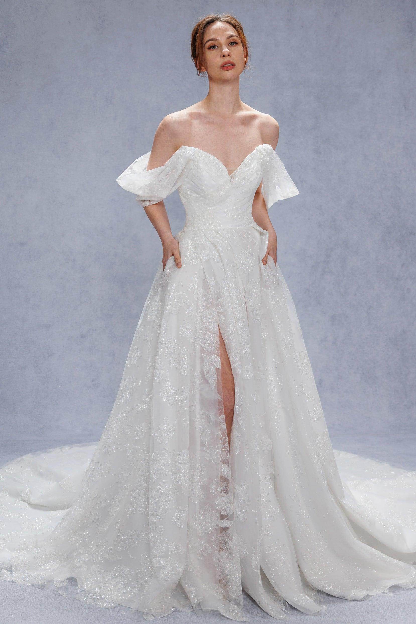 A-Line Court Train Glitter Wedding Dress CW3340 - COCOMELODY